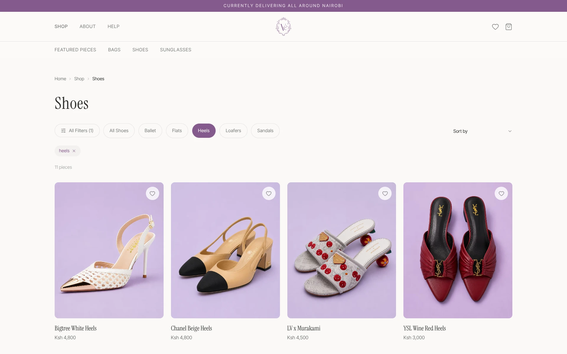 Velvet Emporium storefront showing a filtered shoe collection