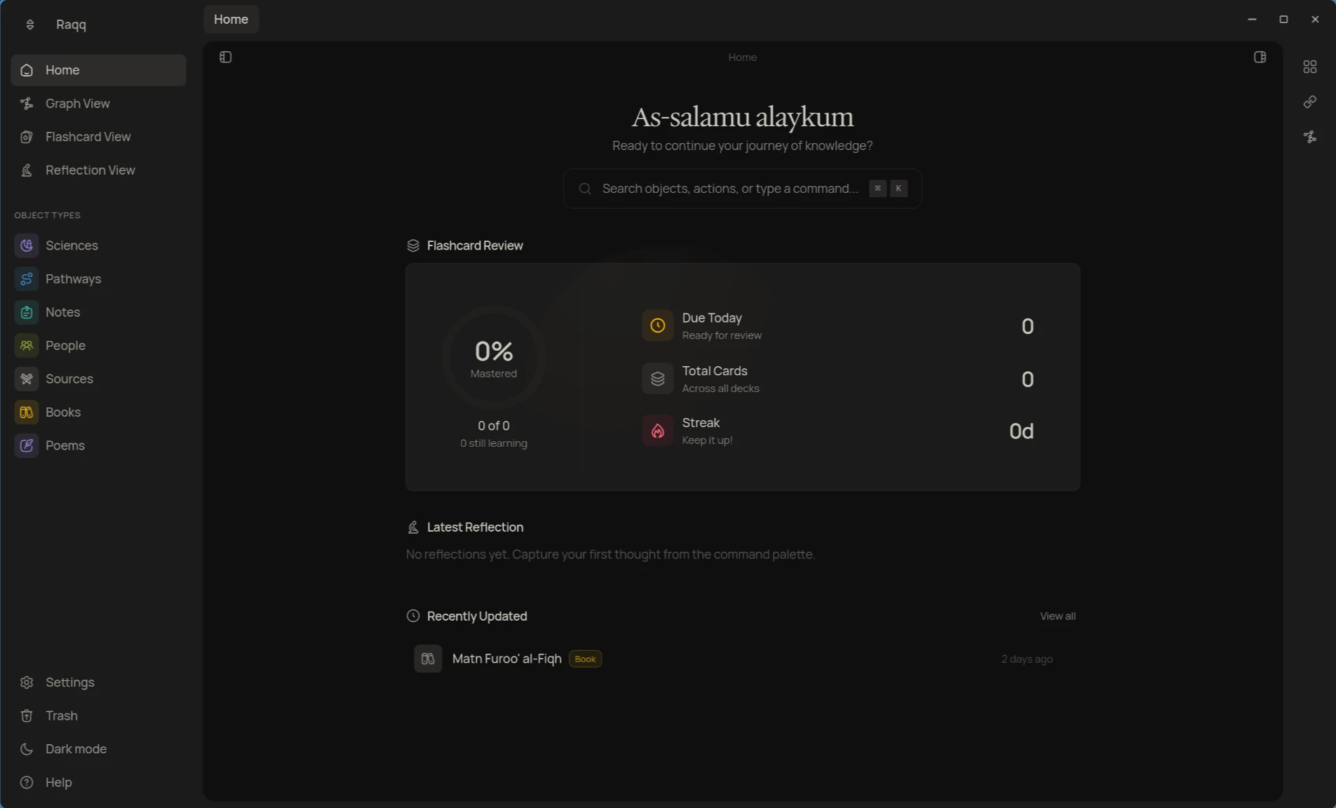 Raqq dashboard with object types, flashcard review, and recent items