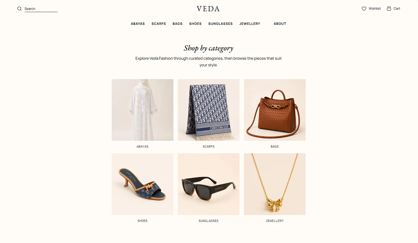 Veda Fashion storefront with product categories and fashion items