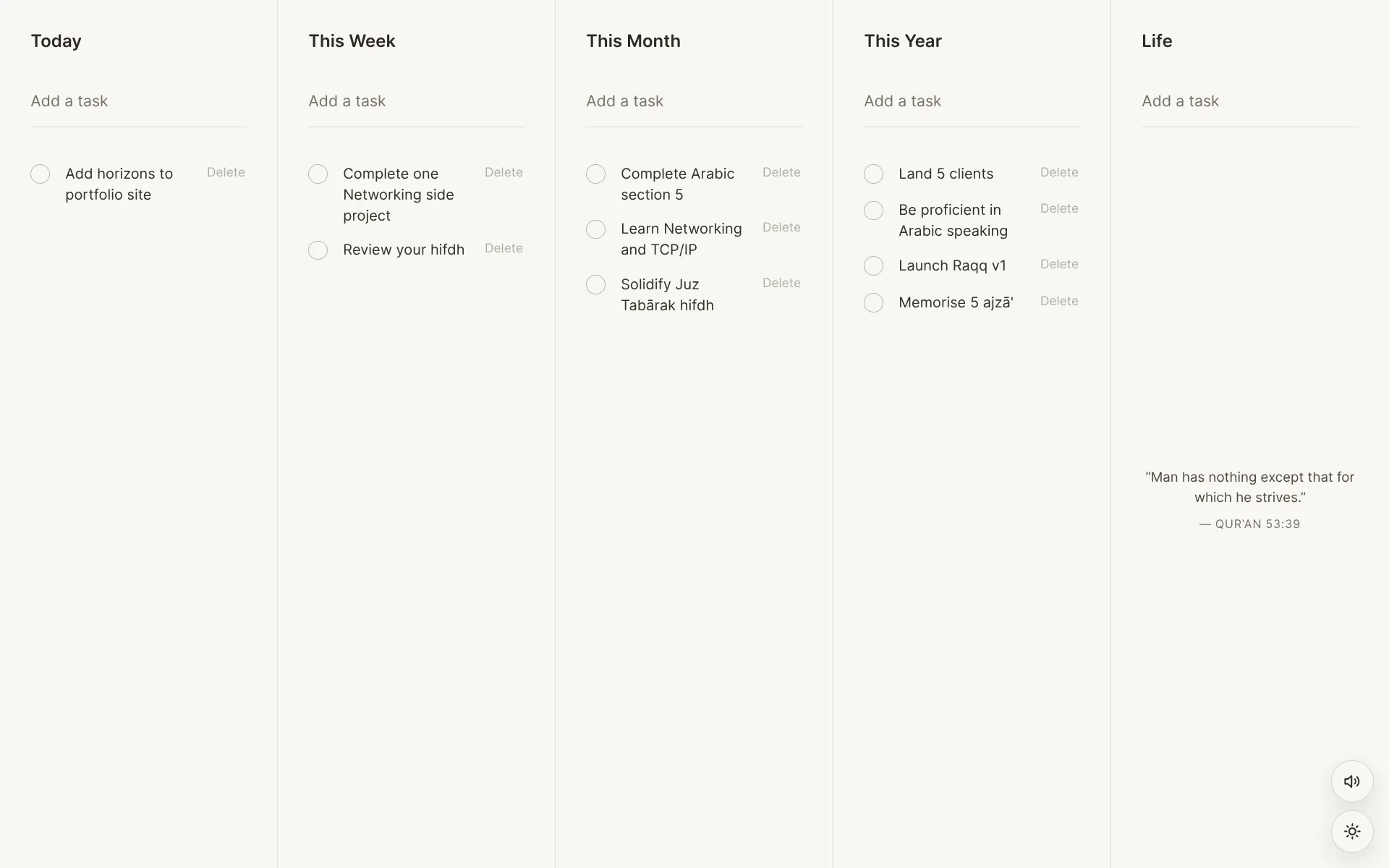 Horizons light-mode workspace with tasks across five time horizons