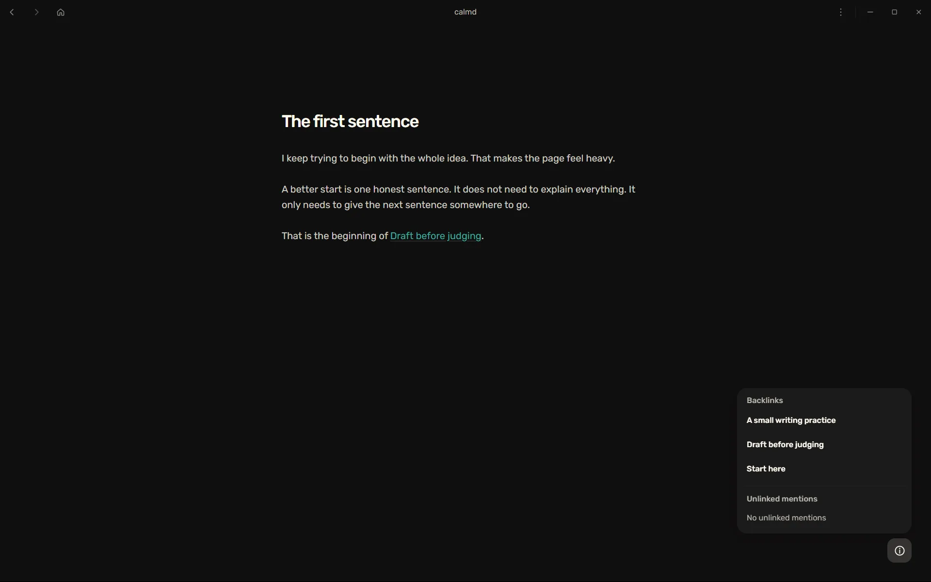 Calmd note editor showing The first sentence with backlinks