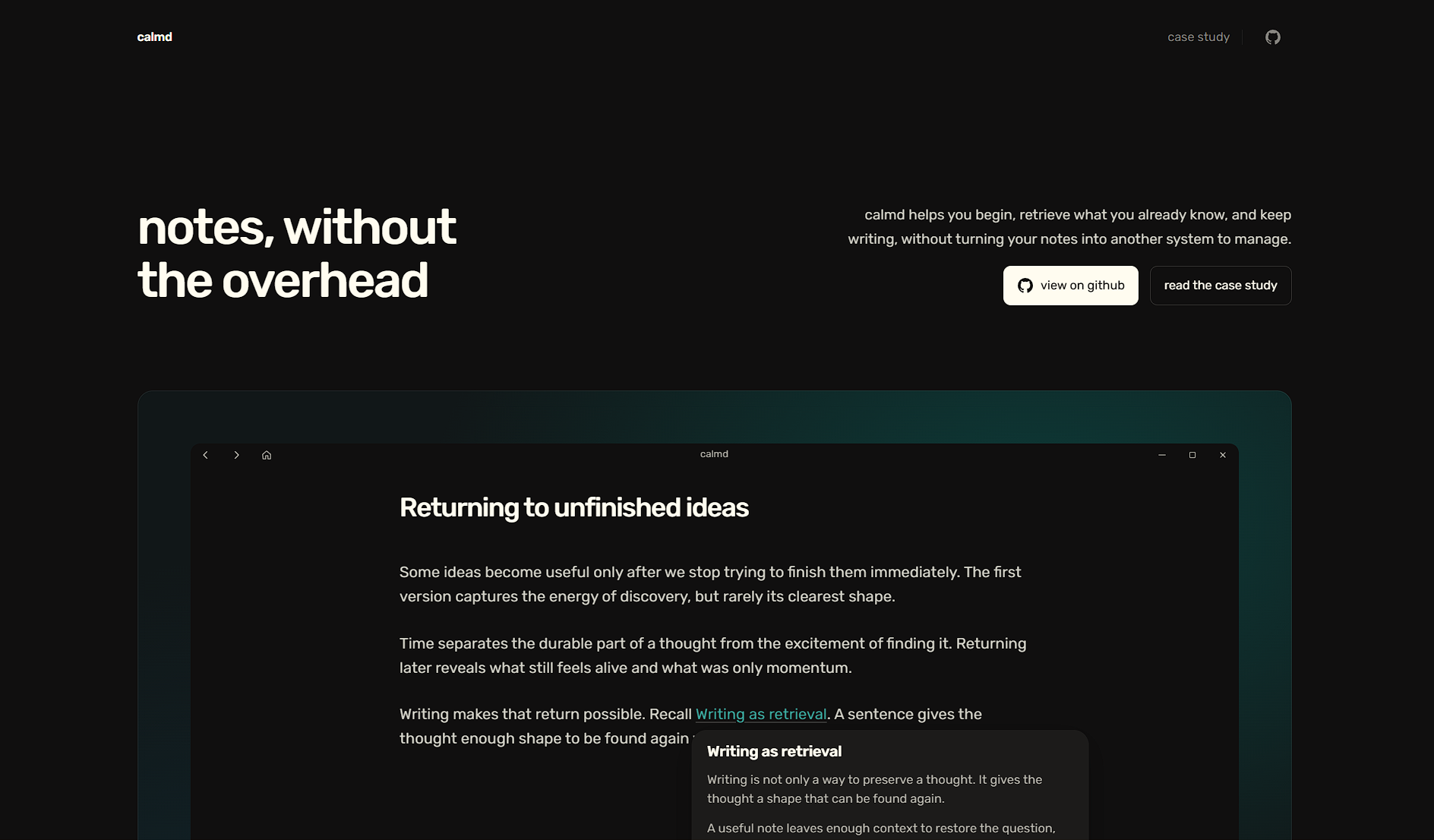 Calmd landing page introducing the notes app and showing its focused Markdown editor